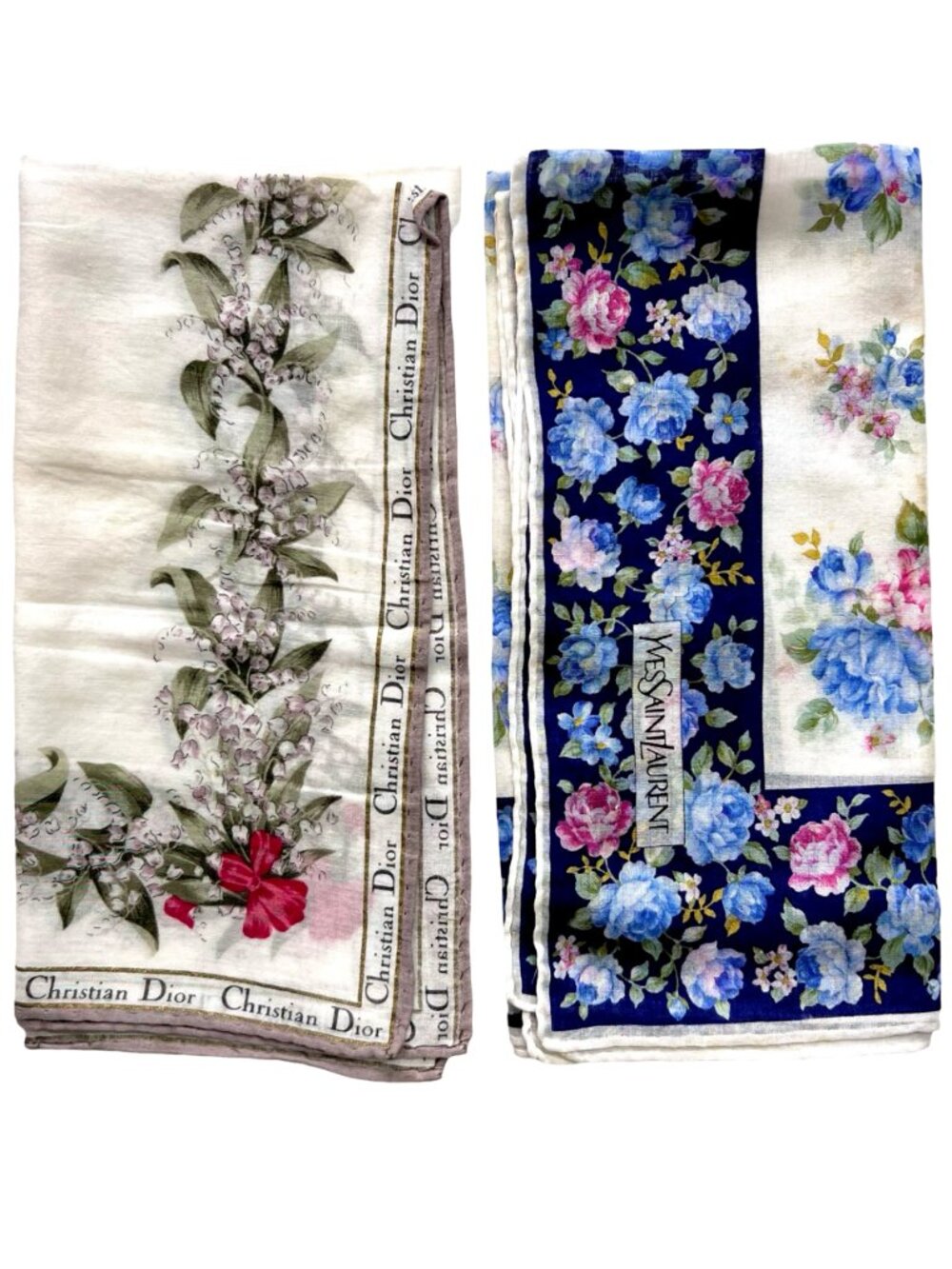 2 Neck-Kerchief YSL & Christian Dior cotton 18.5" white blue red  foral ( - Picture 13 of 14